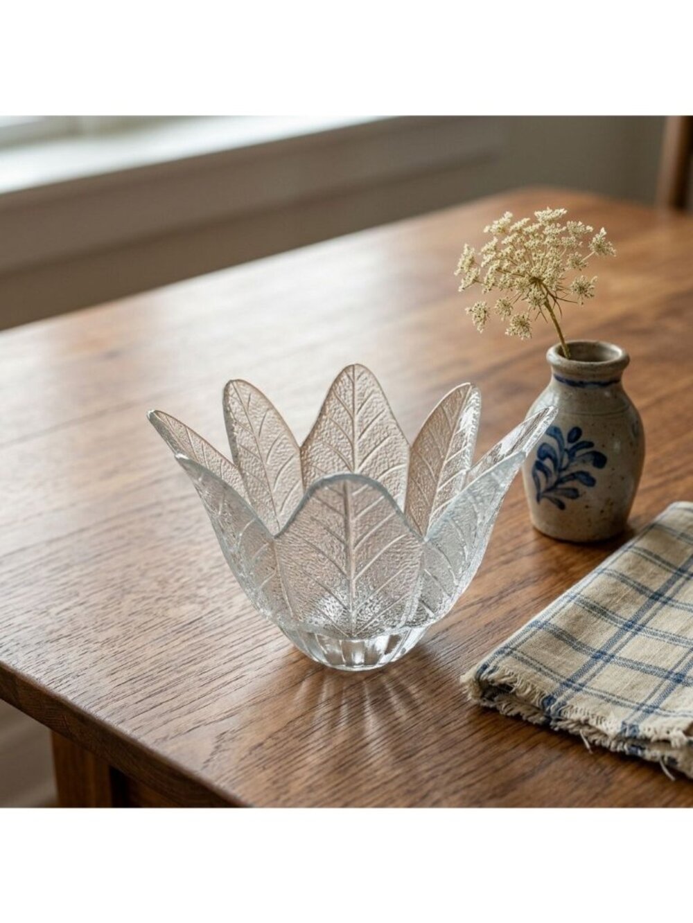 Vintage Studio Nova Portugal Palm Leaf Crystal Bowl Lotus Flower Vase Votive 6.5